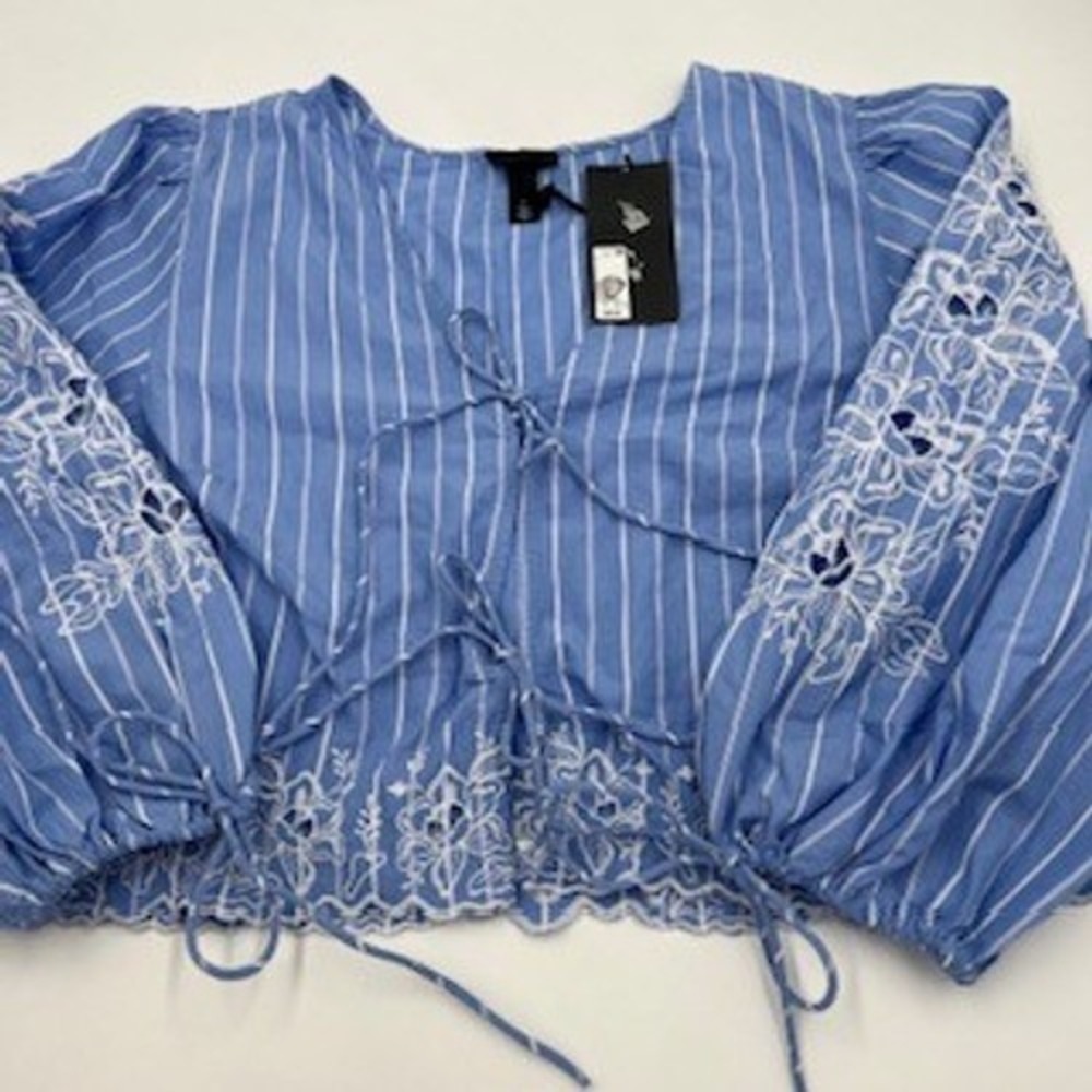Future Collective Blue White Striped Embroidered Eyelet Tie Front Blouse Large